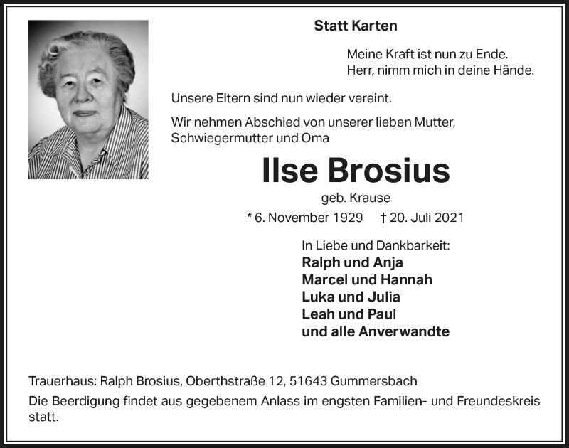  Traueranzeige für Ilse Brosius vom 30.07.2021 aus  Anzeigen Echo 