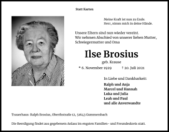 Anzeige von Ilse Brosius von Kölner Stadt-Anzeiger / Kölnische Rundschau / Express