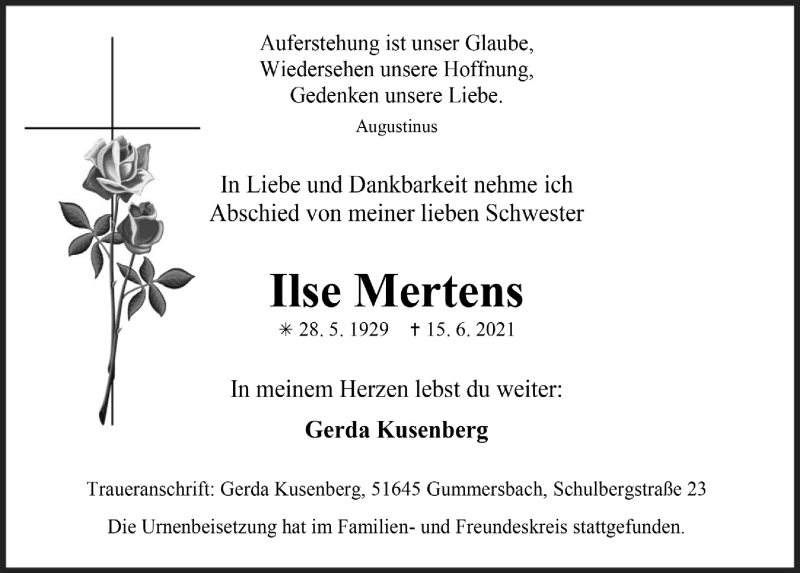  Traueranzeige für Ilse Mertens vom 02.07.2021 aus  Anzeigen Echo 