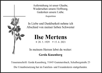 Anzeige von Ilse Mertens von  Anzeigen Echo 