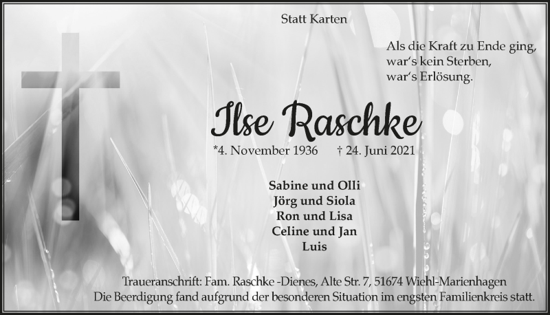  Traueranzeige für Ilse Raschke vom 09.07.2021 aus  Anzeigen Echo 