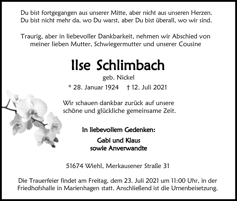  Traueranzeige für Ilse Schlimbach vom 17.07.2021 aus Kölner Stadt-Anzeiger / Kölnische Rundschau / Express