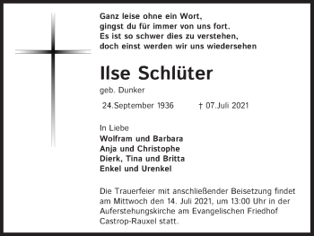 Anzeige von Ilse Schlüter von Kölner Stadt-Anzeiger / Kölnische Rundschau / Express