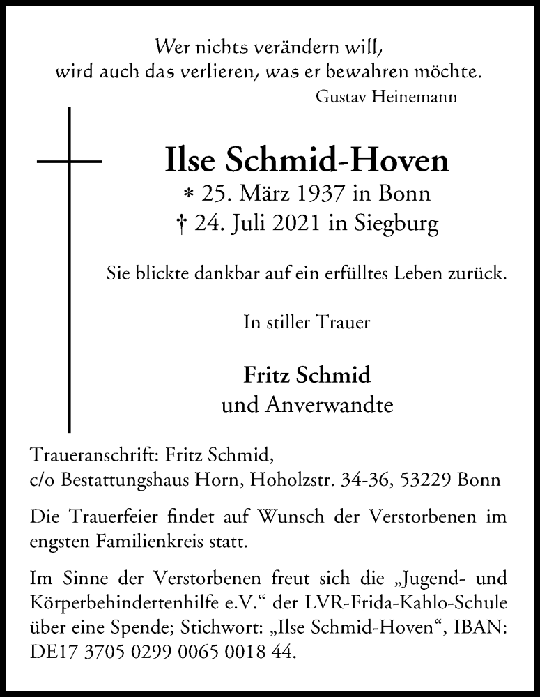  Traueranzeige für Ilse Schmid-Hoven vom 31.07.2021 aus Kölner Stadt-Anzeiger / Kölnische Rundschau / Express