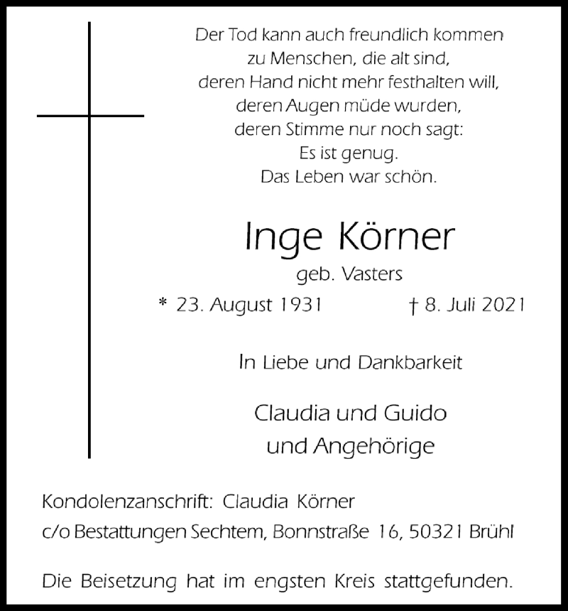  Traueranzeige für Inge Körner vom 17.07.2021 aus Kölner Stadt-Anzeiger / Kölnische Rundschau / Express