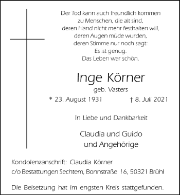 Anzeige von Inge Körner von  Schlossbote/Werbekurier 