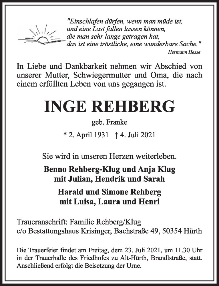  Traueranzeige für Inge Rehberg vom 16.07.2021 aus  Wochenende 