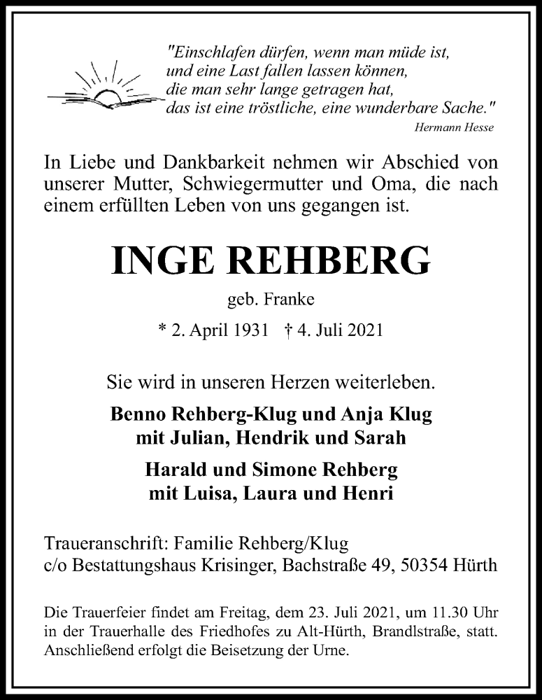  Traueranzeige für Inge Rehberg vom 17.07.2021 aus Kölner Stadt-Anzeiger / Kölnische Rundschau / Express
