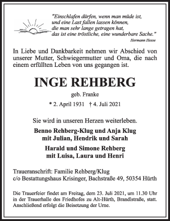 Anzeige von Inge Rehberg von  Wochenende 