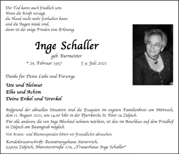 Anzeige von Inge Schaller von  Blickpunkt Euskirchen 