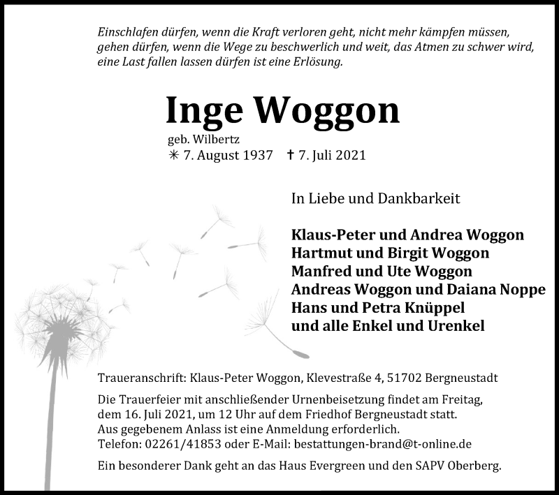  Traueranzeige für Inge Woggon vom 13.07.2021 aus Kölner Stadt-Anzeiger / Kölnische Rundschau / Express