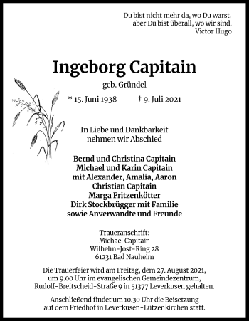 Anzeige von Ingeborg Capitain von Kölner Stadt-Anzeiger / Kölnische Rundschau / Express