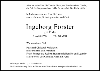 Anzeige von Ingeborg Förster von  Bergisches Handelsblatt 