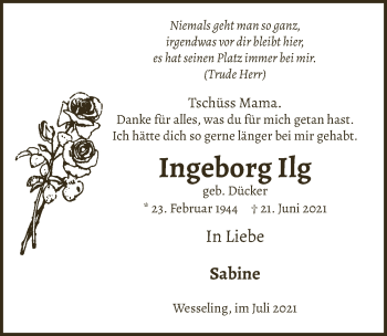 Anzeige von Ingeborg Ilg von  Schlossbote/Werbekurier 