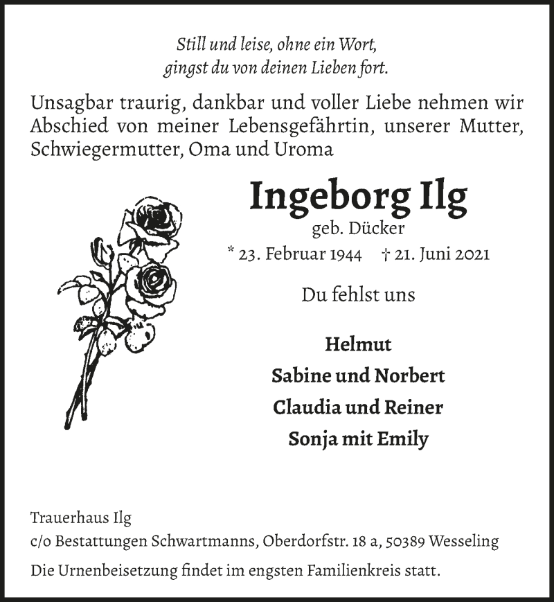  Traueranzeige für Ingeborg Ilg vom 02.07.2021 aus  Schlossbote/Werbekurier 