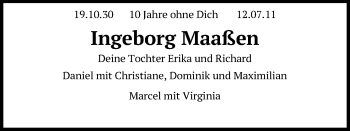 Anzeige von Ingeborg Maaßen von Kölner Stadt-Anzeiger / Kölnische Rundschau / Express
