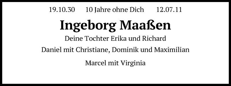  Traueranzeige für Ingeborg Maaßen vom 12.07.2021 aus Kölner Stadt-Anzeiger / Kölnische Rundschau / Express