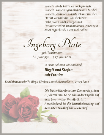 Anzeige von Ingeborg Plate von  Lokalanzeiger 