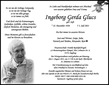 Anzeige von Ingeborg Gerda Glucs von Kölner Stadt-Anzeiger / Kölnische Rundschau / Express