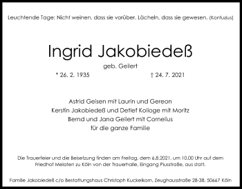 Anzeige von Ingrid Jakobiedeß von Kölner Stadt-Anzeiger / Kölnische Rundschau / Express