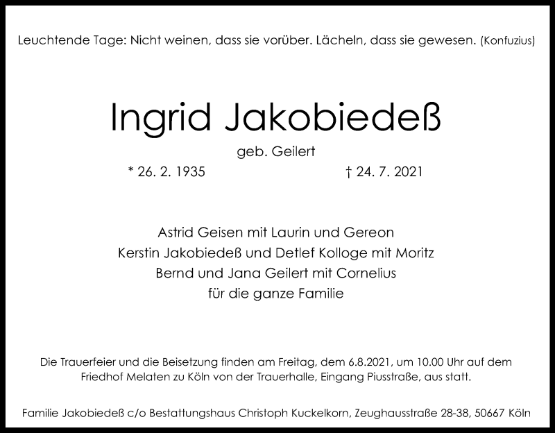  Traueranzeige für Ingrid Jakobiedeß vom 31.07.2021 aus Kölner Stadt-Anzeiger / Kölnische Rundschau / Express