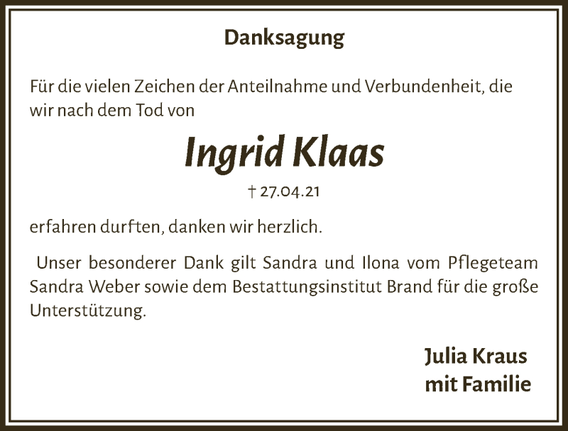  Traueranzeige für Ingrid Klaas vom 02.07.2021 aus  Anzeigen Echo 