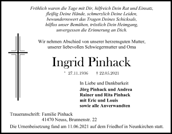Anzeige von Ingrid Pinhack von Kölner Stadt-Anzeiger / Kölnische Rundschau / Express