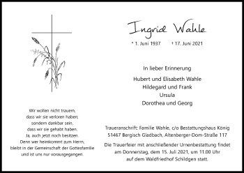 Anzeige von Ingrid Wahle von Kölner Stadt-Anzeiger / Kölnische Rundschau / Express