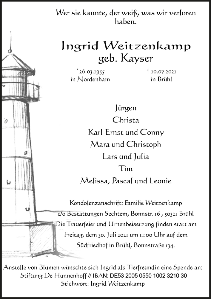  Traueranzeige für Ingrid Weitzenkamp vom 23.07.2021 aus  Schlossbote/Werbekurier 