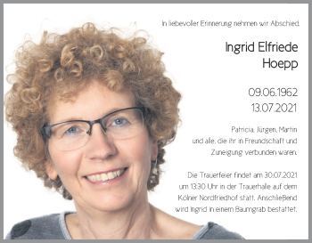 Anzeige von Ingrid Elfriede Hoepp von Kölner Stadt-Anzeiger / Kölnische Rundschau / Express
