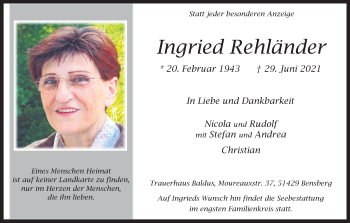 Anzeige von Ingried Rehländer von Kölner Stadt-Anzeiger / Kölnische Rundschau / Express