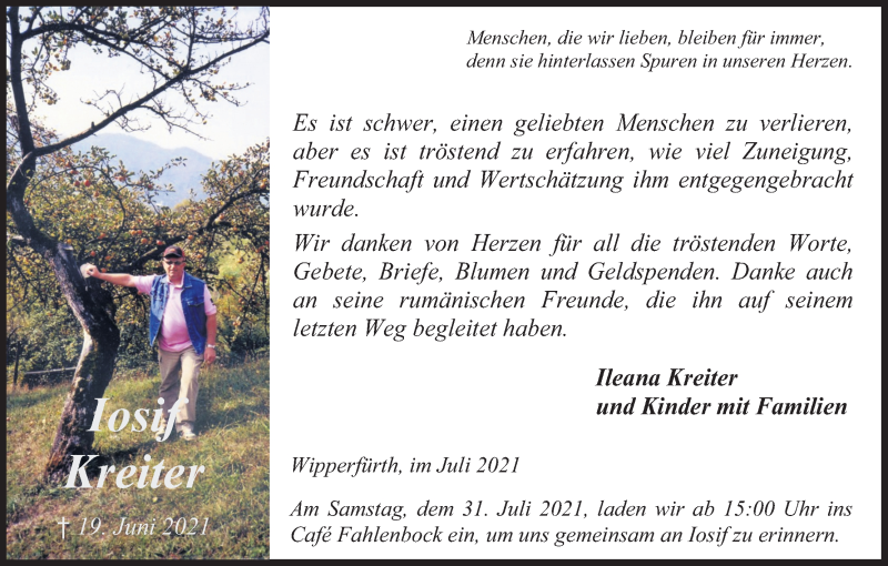  Traueranzeige für Iosif Kreiter vom 24.07.2021 aus Kölner Stadt-Anzeiger / Kölnische Rundschau / Express