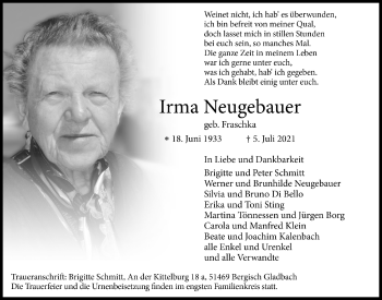 Anzeige von Irma Neugebauer von  Bergisches Handelsblatt 