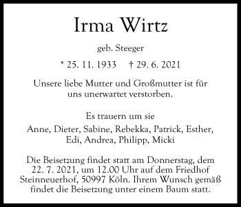 Anzeige von Irma Wirtz von Kölner Stadt-Anzeiger / Kölnische Rundschau / Express