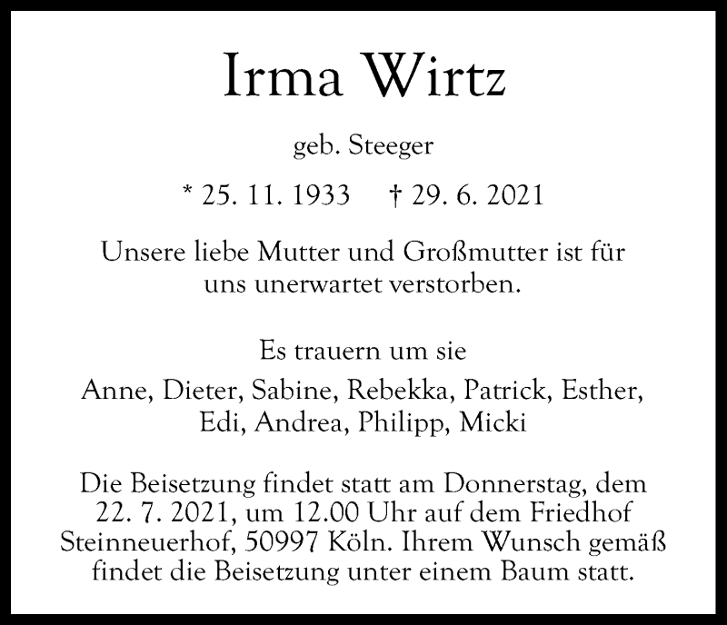  Traueranzeige für Irma Wirtz vom 17.07.2021 aus Kölner Stadt-Anzeiger / Kölnische Rundschau / Express