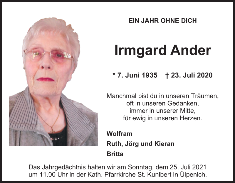  Traueranzeige für Irmgard Ander vom 17.07.2021 aus Kölner Stadt-Anzeiger / Kölnische Rundschau / Express