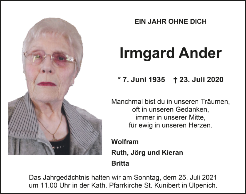  Traueranzeige für Irmgard Ander vom 17.07.2021 aus  Blickpunkt Euskirchen 