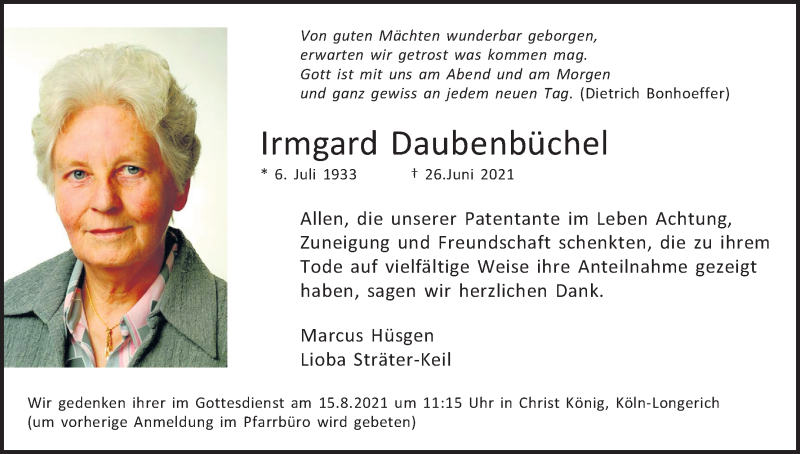  Traueranzeige für Irmgard Daubenbüchel vom 31.07.2021 aus Kölner Stadt-Anzeiger / Kölnische Rundschau / Express