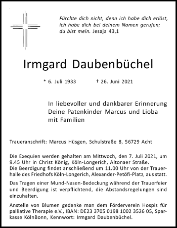 Anzeige von Irmgard Daubenbüchel von Kölner Stadt-Anzeiger / Kölnische Rundschau / Express