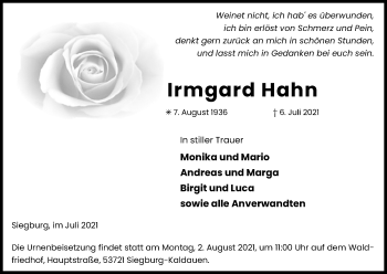 Anzeige von Irmgard Hahn von Kölner Stadt-Anzeiger / Kölnische Rundschau / Express