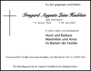 Anzeige von Irmgard Auguste Luise Heublein von Kölner Stadt-Anzeiger / Kölnische Rundschau / Express