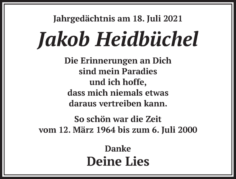  Traueranzeige für Jakob Heidbüchel vom 02.07.2021 aus  Werbepost 