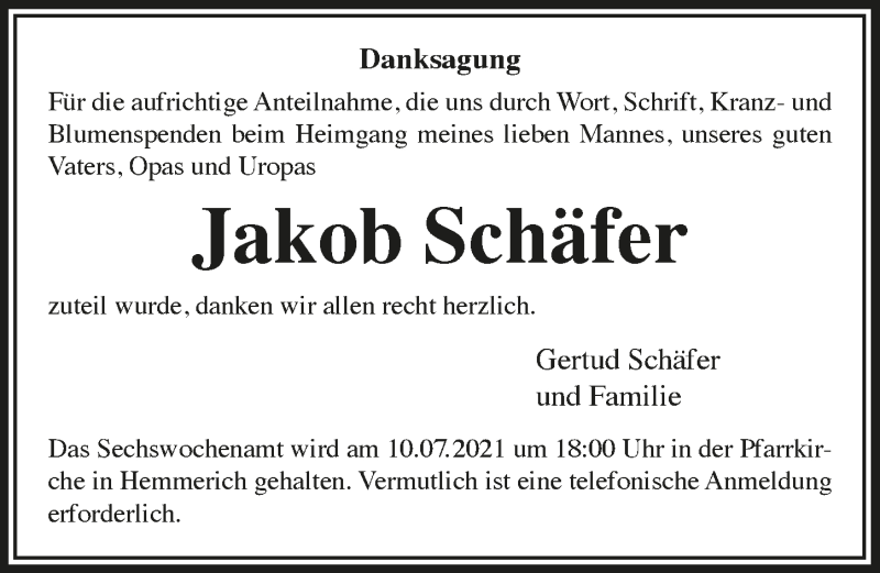  Traueranzeige für Jakob Schäfer vom 02.07.2021 aus  Schaufenster/Blickpunkt 