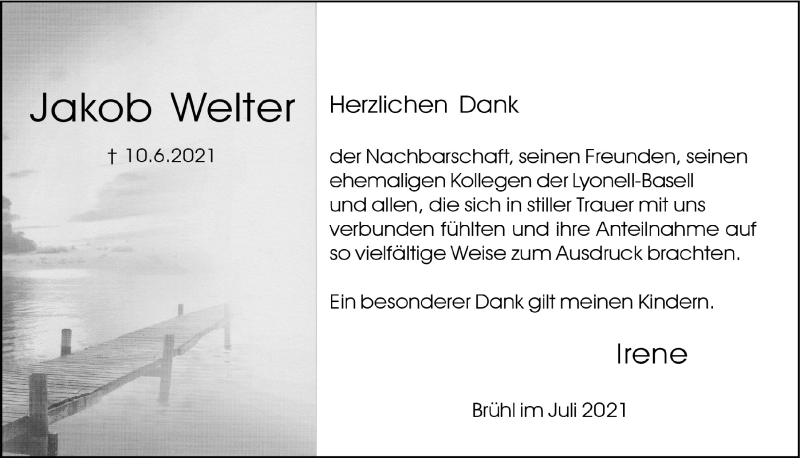  Traueranzeige für Jakob Welter vom 16.07.2021 aus  Schlossbote/Werbekurier 