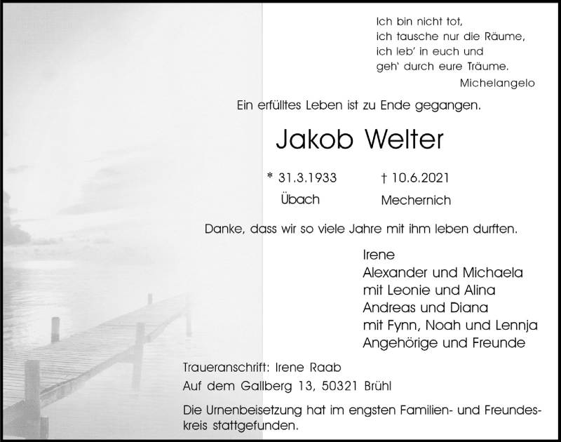  Traueranzeige für Jakob Welter vom 02.07.2021 aus  Schlossbote/Werbekurier 