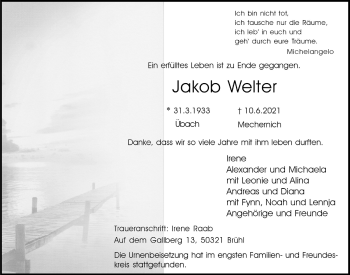 Anzeige von Jakob Welter von  Schlossbote/Werbekurier 
