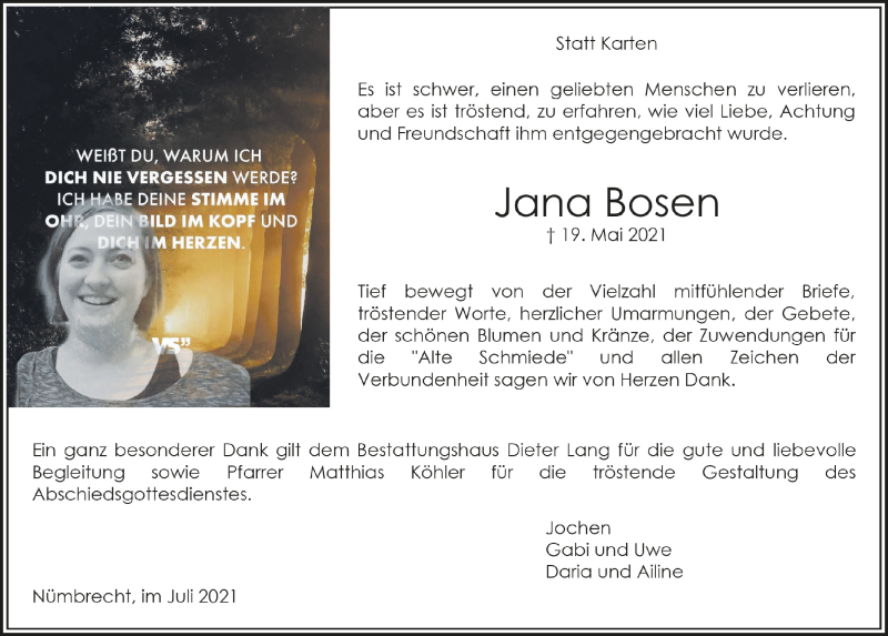  Traueranzeige für Jana Bosen vom 02.07.2021 aus  Lokalanzeiger 