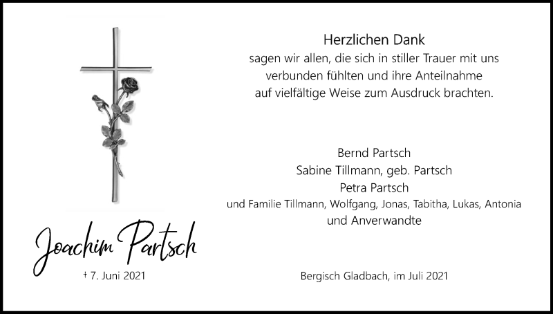  Traueranzeige für Joachim Partsch vom 17.07.2021 aus Kölner Stadt-Anzeiger / Kölnische Rundschau / Express