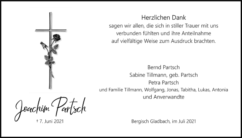  Traueranzeige für Joachim Partsch vom 16.07.2021 aus  Bergisches Handelsblatt 