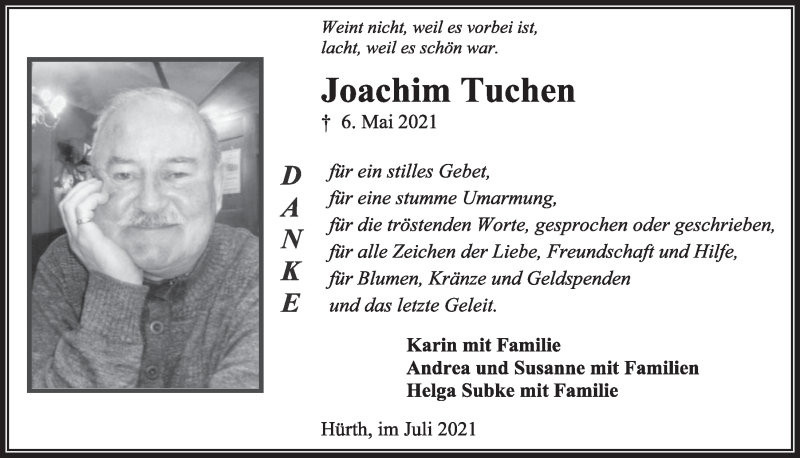  Traueranzeige für Joachim Tuchen vom 16.07.2021 aus  Wochenende 